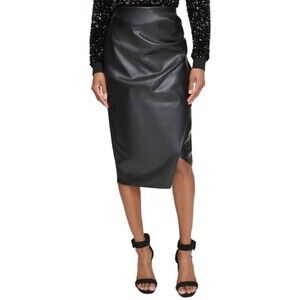 Calvin Klein Women's Faux Leather Midi Skirt rushed side Faux Wrap Black size 2